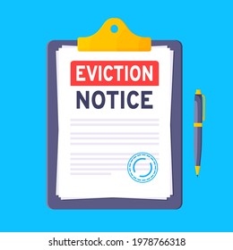 Eviction notice legal document on the clipboard with stamp, paper sheets and a pen vector illustration flat style design. Notice to vacate form eviction credit debt real estate business concept.