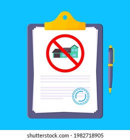 Eviction notice legal document on the clipboard with stamp, paper sheets and a pen vector illustration flat style design. Notice to vacate form eviction credit debt real estate business concept.