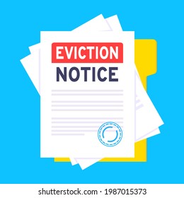 Eviction notice legal document on the clipboard with stamp, paper sheets and a pen vector illustration flat style design. Notice to vacate form eviction credit debt real estate business concept.