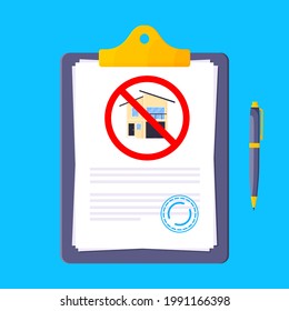 Eviction notice legal document on the clipboard with stamp, paper sheets and a pen vector illustration flat style design. Notice to vacate form eviction credit debt real estate business concept.