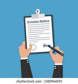 Eviction Notice legal documents. Clipboard in hands flat icon