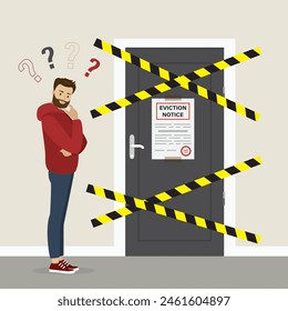 Eviction notice for owner or tenant, white paper sheet on door. Stop sign at the entrance. Do not open the door, warning tapes. Prohibition, sad man before closed door. flat vector illustration