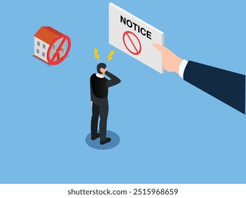 Eviction notice. Stop sign at the entrance. Notice of eviction in letter. Entry into the house is prohibited 3d isometric vector illustration