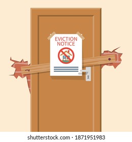 Eviction notice, white sheet on door. Stop sign at the entrance. Key in keyhole on door prohibited. Do not open the door. Form vector illustration flat design. Isolated background.