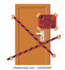 Eviction notice, white sheet on door. Stop sign at the entrance. Key in keyhole on door prohibited. Do not open the door. Form vector illustration flat design. Isolated background.