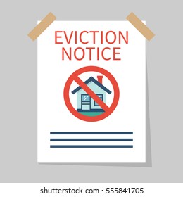 Eviction notice, white sheet on wall. Stop sign at the entrance. Do not open the door. Form vector illustration flat design. Isolated background.