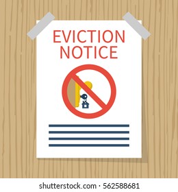 Eviction notice, white sheet on wall. Stop sign at the entrance. Key in keyhole on door prohibited. Do not open the door. Form vector illustration flat design. Isolated background.