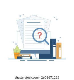 Evidence Analysis Concept. Document with Magnifying Glass. Legal document examination. Office document. Document review. file evidence examination analysis. Flat Illustration Design.