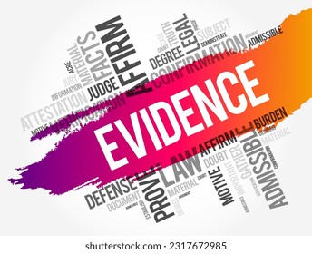 Evidence - available body of facts or information indicating a belief or proposition is true or valid, word cloud concept background