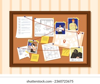 Evidence board concept. Photos and documents on board tied with red threads. Search for criminal and criminal investigation. Detective office interior. Cartoon flat vector illustration