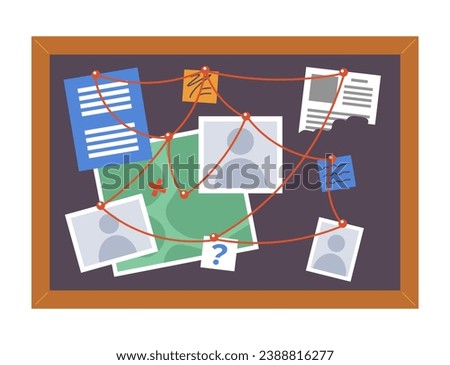 Evidence board with red strings 2D cartoon object. Crime accident investigation. Bulletin pinboard isolated vector item white background. Detective board police color flat spot illustration