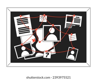 Evidence board with red strings black and white 2D cartoon object. Crime accident investigation. Bulletin pinboard isolated vector outline item. Detective board monochromatic flat spot illustration