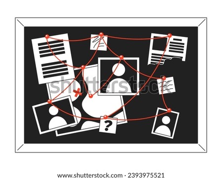 Evidence board with red strings black and white 2D cartoon object. Crime accident investigation. Bulletin pinboard isolated vector outline item. Detective board monochromatic flat spot illustration