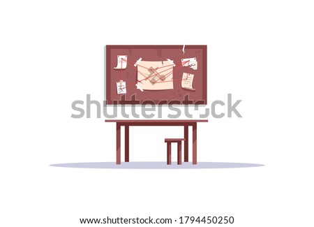 Evidence board semi flat RGB color vector illustration. Wooden board with clues, notes isolated cartoon object on white background. Detective investigation, crime solving. Escape room challenge