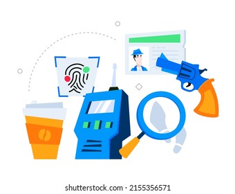 Evidence and crime - modern colored vector poster on white background with fingerprint, detective ID card, revolver, coffee cup, magnifier and footprints. Detective investigation and spy idea