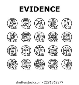 evidence crime police scene board icons set vector. detective criminal, murder office, information plan, investigation fbi, search clue evidence crime police scene board black contour illustrations