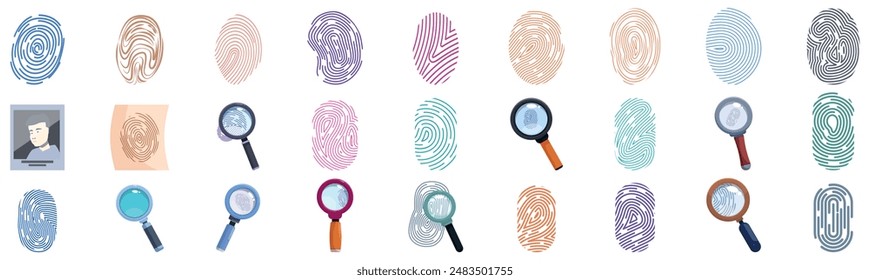 Evidence fingerprint icons set. Collection of colorful fingerprint icons representing the concept of forensic science and crime scene investigation