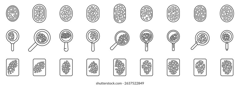  Evidence fingerprint icons set. Fingerprint icon set showing magnifying glass investigating fingerprints with scanner in a crime scene