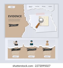 Plantilla del sitio web de la página de inicio plana de pruebas. Ladrón, policía, detective. Banner web con encabezado, contenido y pie de página. Ilustración vectorial.