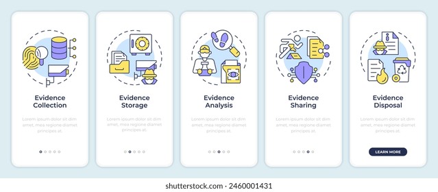 Pantalla del App móvil de incorporación del ciclo de vida de evidencia. Tutorial 5 pasos: instrucciones gráficas editables con conceptos lineales. UI, UX, Plantilla GUI. Montserrat SemiBold, Fuentes regulares utilizadas