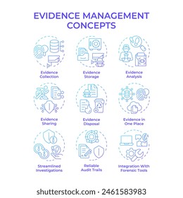 Evidence management blue gradient concept icons. Forensic analysis, judicial system. Technological advancement. Icon pack. Vector images. Round shape illustrations for infographic. Abstract idea
