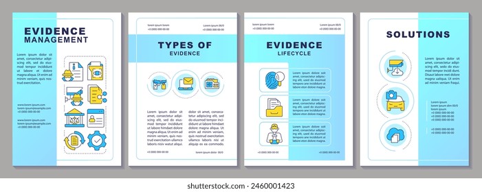 Evidence management brochure template. Digital forensics. Leaflet design with linear icons. Editable 4 vector layouts for presentation, annual reports. Arial-Black, Myriad Pro-Regular fonts used