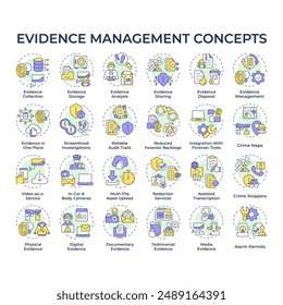 Evidence management multi color concept icons. Judicial system. Forensic analysis. Collection and storage. Investigation. Icon pack. Vector images. Round shape illustrations. Abstract idea