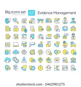 Evidence management RGB color icons set. Forensic analysis, cybersecurity. Criminal investigation. Isolated vector illustrations. Simple filled line drawings collection. Editable stroke