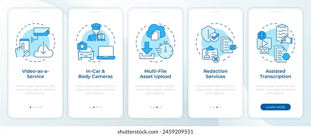 Evidence sources blue onboarding mobile app screen. Walkthrough 5 steps editable graphic instructions with linear concepts. UI, UX, GUI template