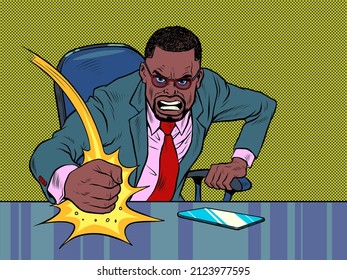 The evil african businessman boss hits the table with his fist. Emotions in the office. Angry boss. Pop Art Retro Vector Illustration 50s 60s Vintage kitsch style