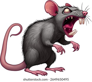 Evil, aggressive cartoon gray rat. Vector drawing