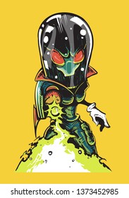 An evil alien invader in a space suit shoots a blaster. An alien in a comic style for prints on t-shirts, posters.