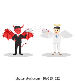 evil and angel businessman arguing with megaphone design character on white background