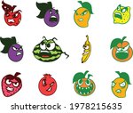 Evil and Angry Fruits and Vegetables for Spooky Halloween Stickers and Decoration. Apple Grape Mango Lemon Watermelon Banana Orange Strawberry