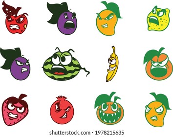 Evil and Angry Fruits and Vegetables for Spooky Halloween Stickers and Decoration. Apple Grape Mango Lemon Watermelon Banana Orange Strawberry