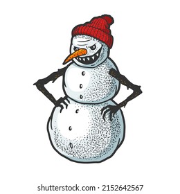 Evil angry snowman color sketch engraving vector illustration. T-shirt apparel print design. Scratch board imitation. Black and white hand drawn image.