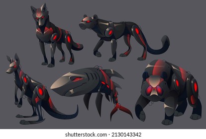 Böse Tiere Roboter Wolf, Puma, Kangaroo, Hai und Grizzlybär. Robotik mechanische Monster Zyborgs mit roten leuchtenden Augen und schwarzem mechanischen Körper. elektronische Cartoon-Zoommaschinen, Vektorset