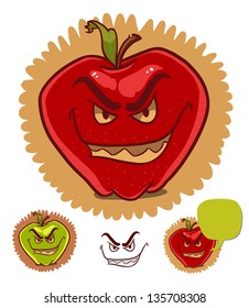 evil apple with scary smile and dialog balloon isolated on white. cartoon illustration