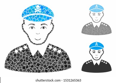 Evil army general mosaic of ragged parts in variable sizes and shades, based on evil army general icon. Vector joggly parts are united into mosaic. Evil army general icons collage with dotted pattern.