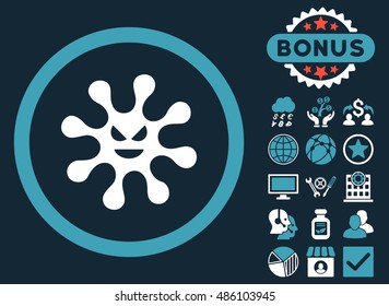 Evil Bacteria icon with bonus design elements. Vector illustration style is flat iconic bicolor symbols, blue and white colors, dark blue background.