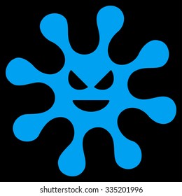 Evil Bacteria vector icon. Style is flat symbol, blue color, rounded angles, black background.