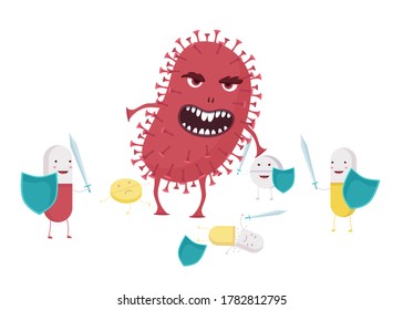 Evil bacterium with antibiotic resistance illustration. Red monster coronavirus destroys pills with shields and swords dangerous biological threat to bodys flat resistant vector microorganism.