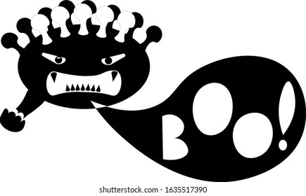 evil bacterium coronavirus with eyes, mouth and sharp fangs . Dangerous epidemic illustration. Black and white disease icon 2019-nCov. Asian flu concept. 
