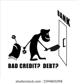 An evil banker with an ax drags the debtor to the bank. Bad credit? Interest loan. Funny cute silhouette creatures. Isolated Critters hand-drawn. All monsters are grouped.