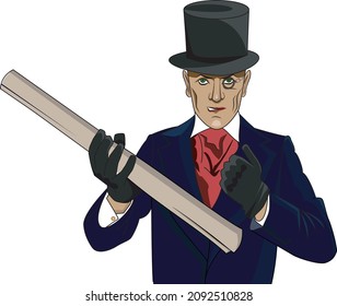 Evil baron with tophat holding map vector cartoon illustration 
