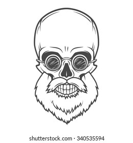 Evil Bearded Jolly Roger with glasses logo template. Old biker t-shirt design. Rock and roll insignia concept