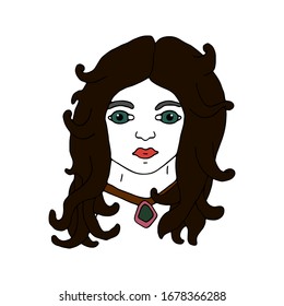 Malvada y bella bruja oscura con un amuleto mágico en el cuello. Cara pálida, labios rojos y ojos verdes. Ilustración mística de Halloween. Arte dibujado a mano por vectores aislado en fondo blanco.