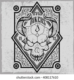 Evil bikers label with hand drawn skull with horns and decorations, dusty background, vintage label, t-shirt design