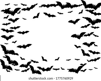 Evil black bats flock isolated on white vector Halloween background. Flying fox night creatures illustration. Silhouettes of flying bats vampire Halloween symbols on white.