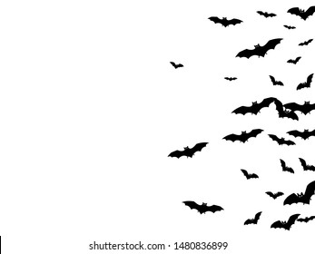 Evil black bats group isolated on white vector Halloween background. Flying fox night creatures illustration. Silhouettes of flying bats vampire Halloween symbols on white.